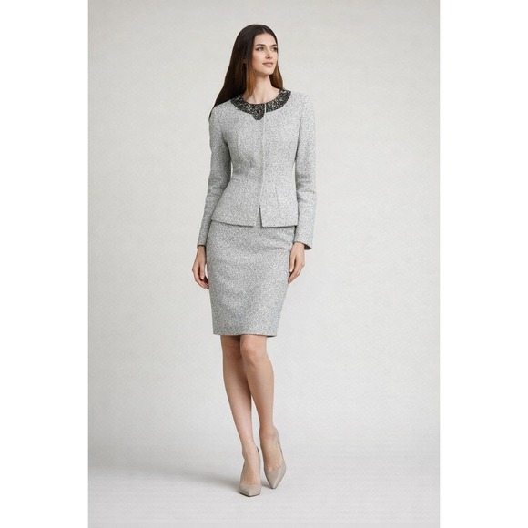Lafayette 148 New York Jackets & Blazers - Lafayette 148 Set Embellished Boucle Snap Jacket & Skirt Tweed Sizes 12 & 14